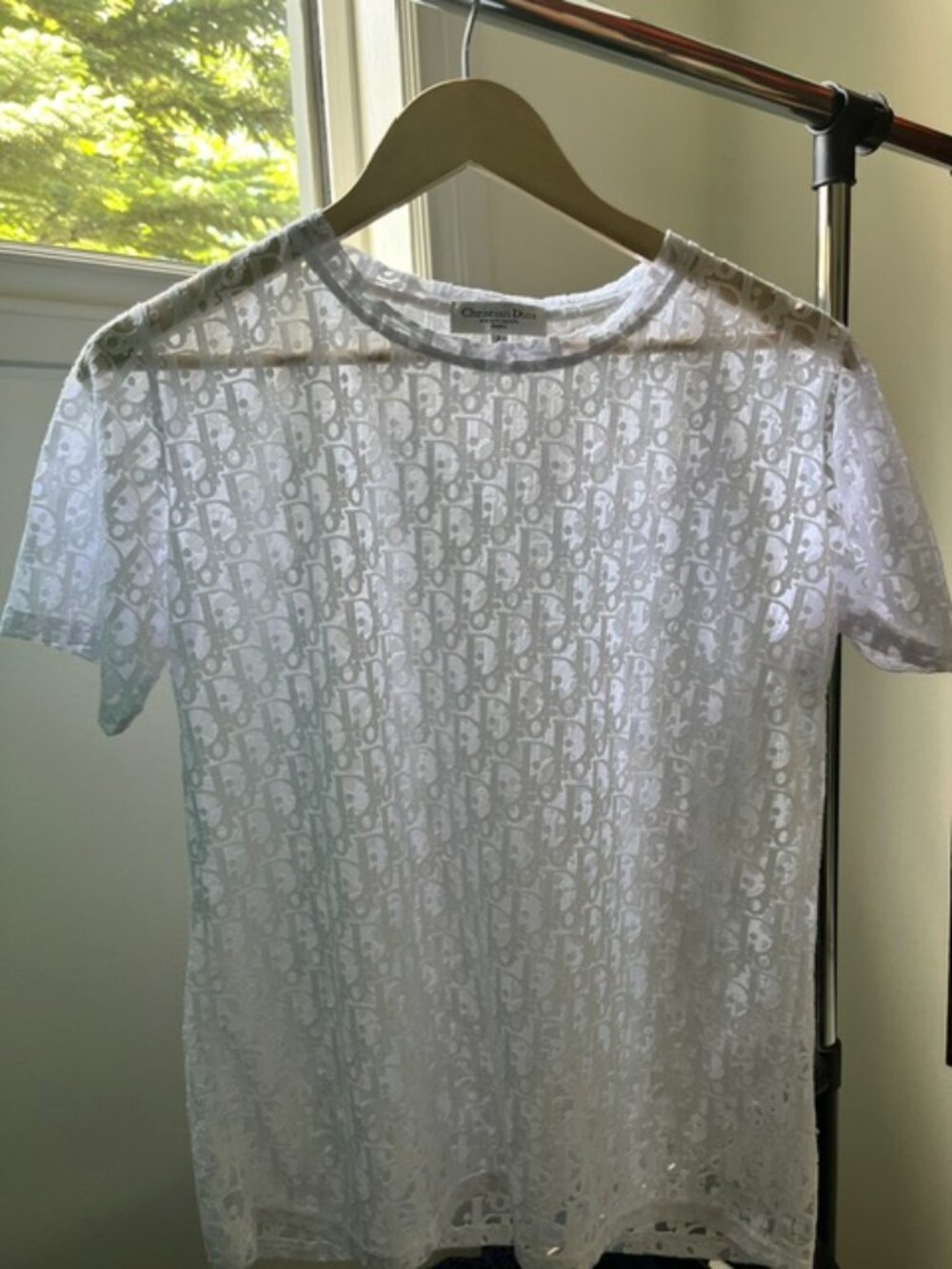 Cristian DIOR White Oblique Knit LOGO Sheer T-Shirt - sz Large